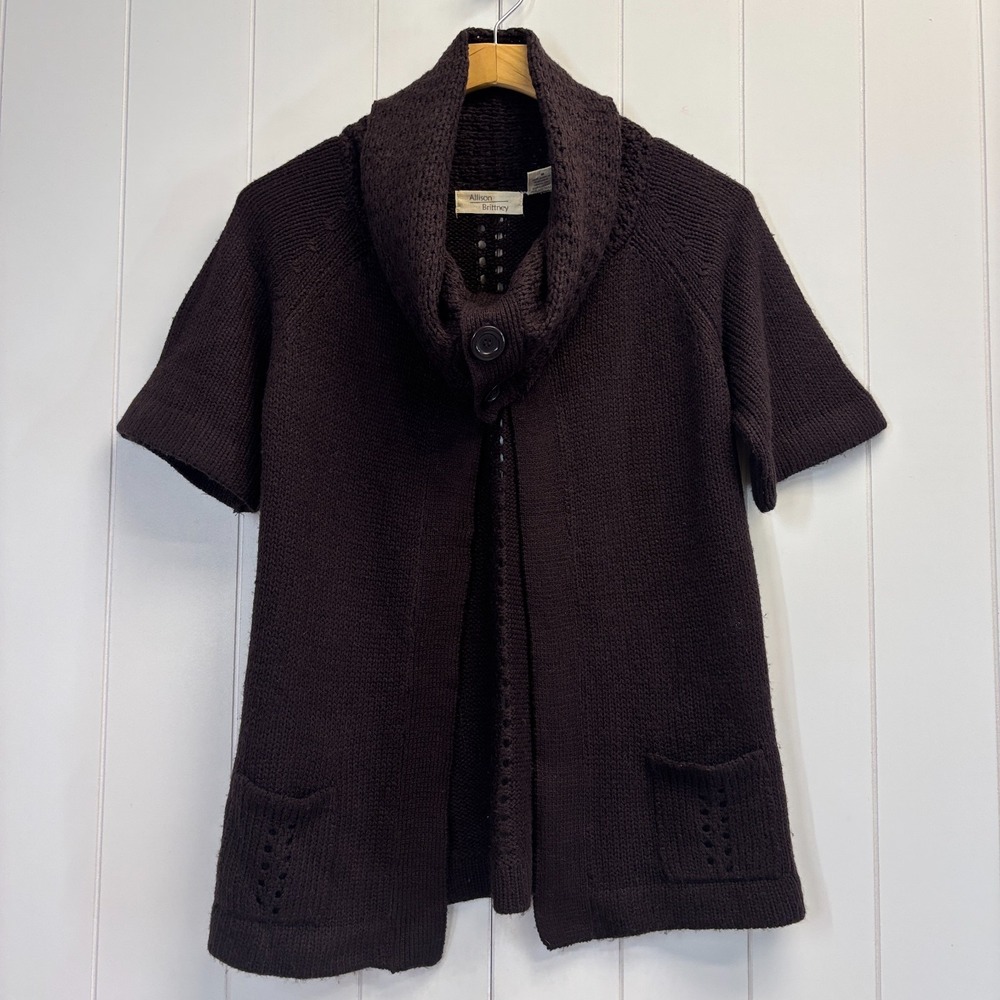 Allison Brittany Womens Boho Chunky Ribbed Cowl Neck Cardigan Size M Brown Knit